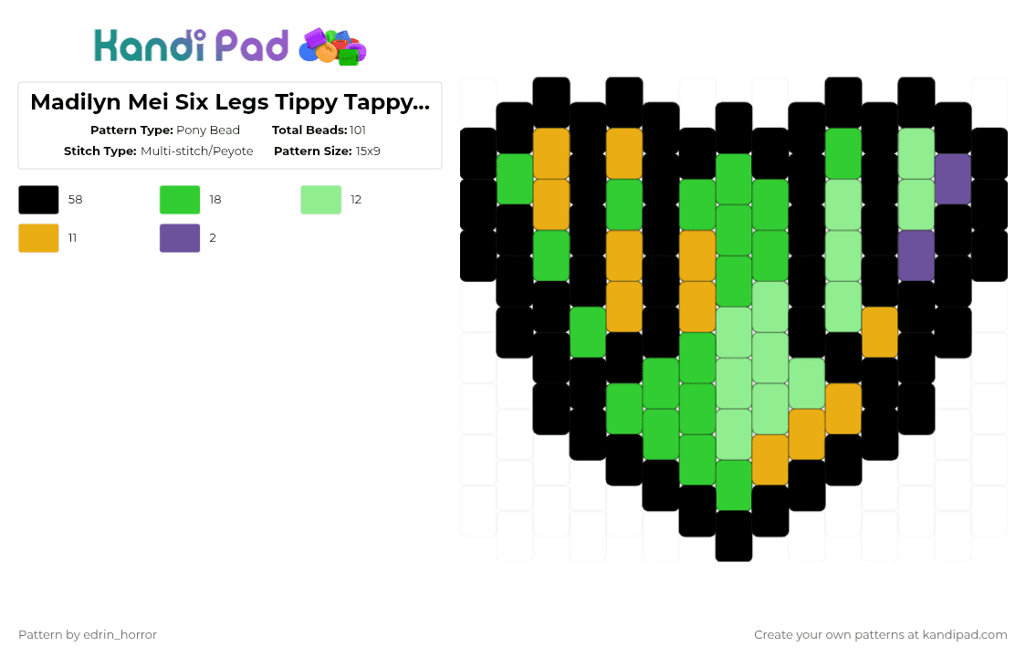 Madilyn Mei Six Legs Tippy Tappy Toes Charm - Pony Bead Pattern by edrin_horror on Kandi Pad - black,green,teal,orange,madilyn mei,music,indie,pop,indie pop,six legs tippy tappy toes