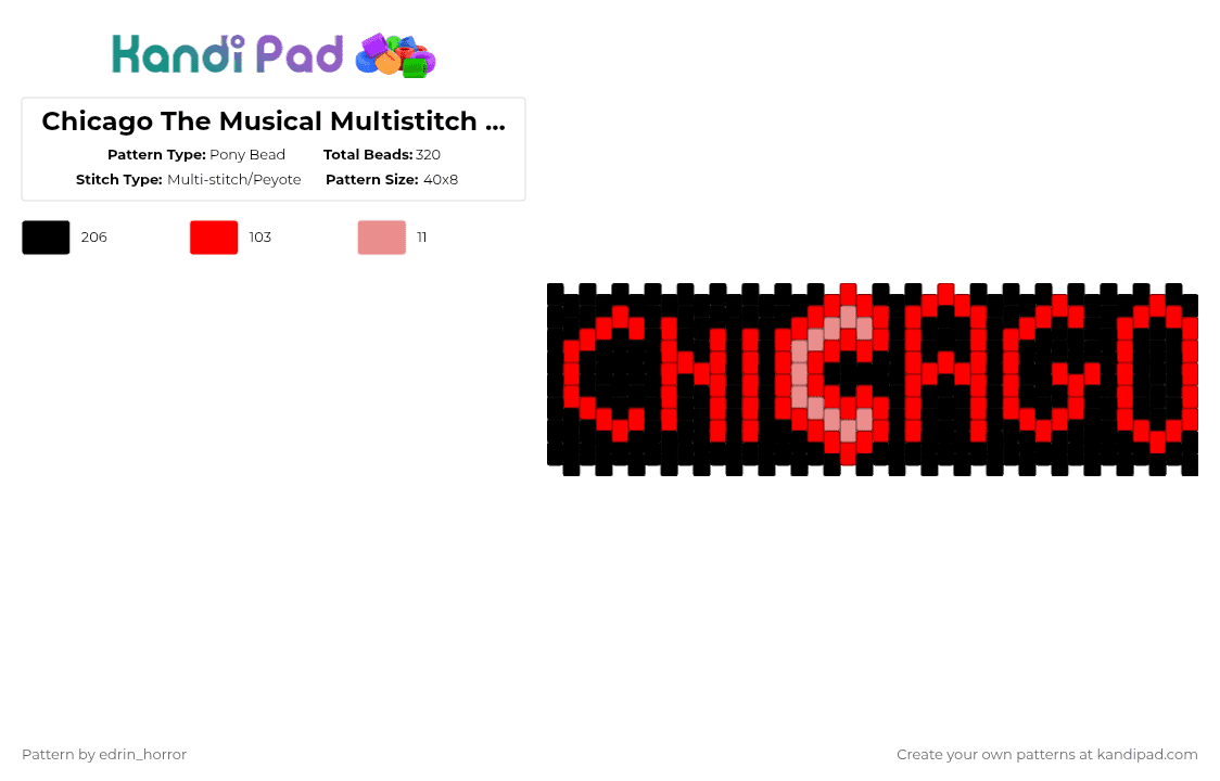 Chicago The Musical Multistitch Cuff - Pony Bead Pattern by edrin_horror on Kandi Pad - 2000s, black, broadway, chicago, chicago the musical, musical, neon, red