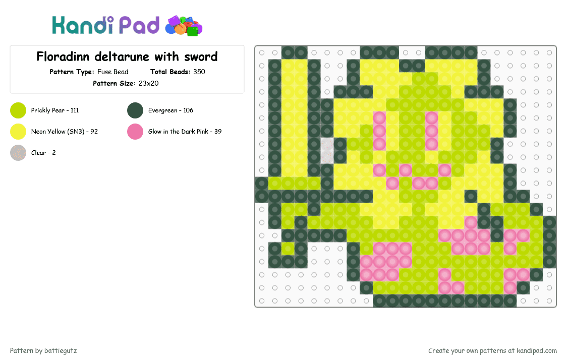 Floradinn deltarune with sword - Fuse Bead Pattern by battiegutz on Kandi Pad - gray, green, yellow