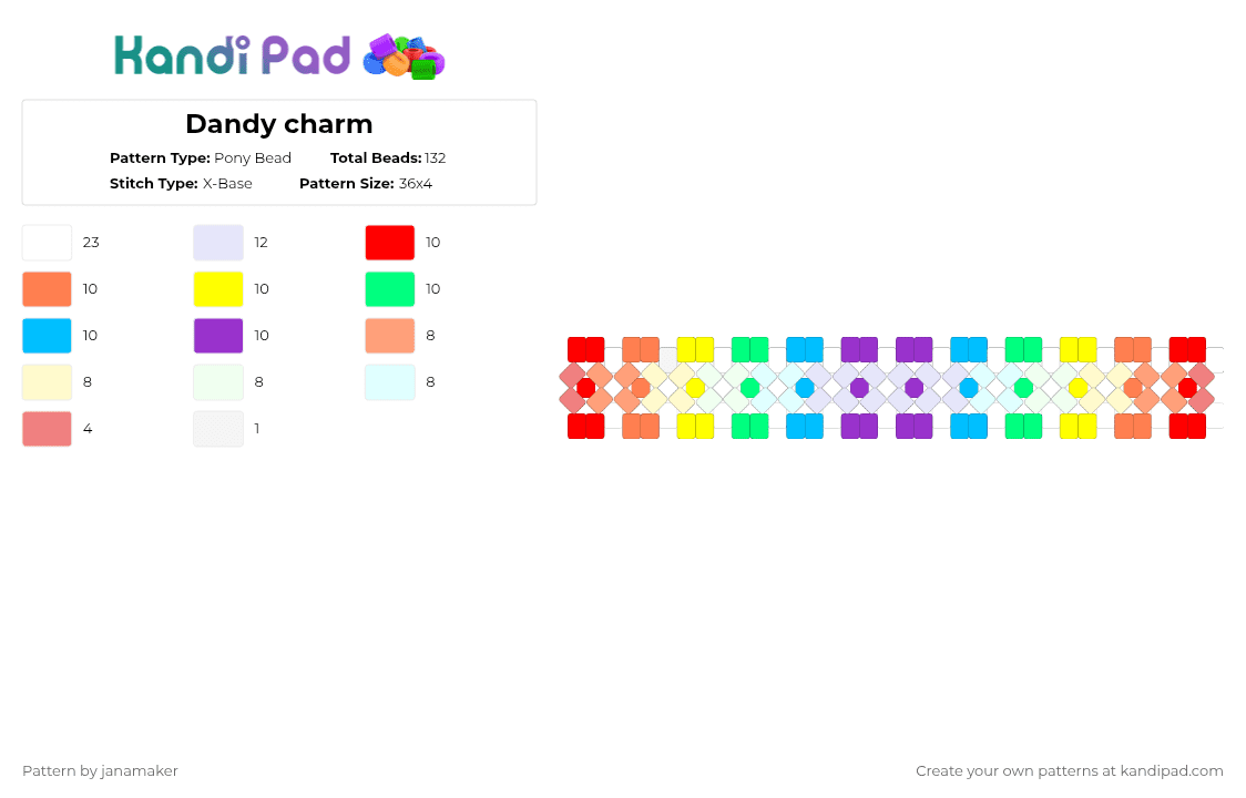 Dandy charm - Pony Bead Pattern by janamaker on Kandi Pad - white,red,orange,yellow,dandy