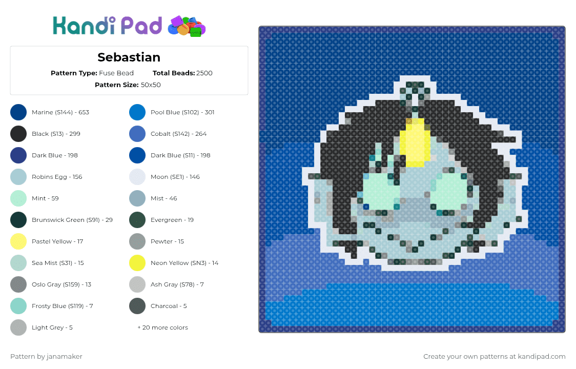 Sebastian - Fuse Bead Pattern by janamaker on Kandi Pad - blue,light blue,sebastian