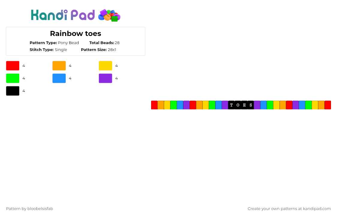 Rainbow toes - Pony Bead Pattern by bloobelsisfab on Kandi Pad - orange,green,purple,colorful