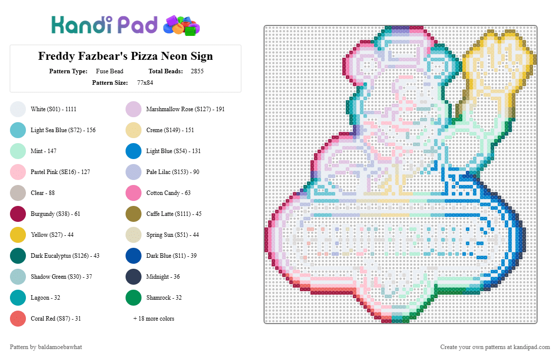 Freddy Fazbear\'s Pizza Neon Sign - Fuse Bead Pattern by baldamoebawhat on Kandi Pad - white,pink,light blue,beige,colorful,neon,neon light,fnaf,five nights at freddys,gaming,perler beads,freddy fazbear