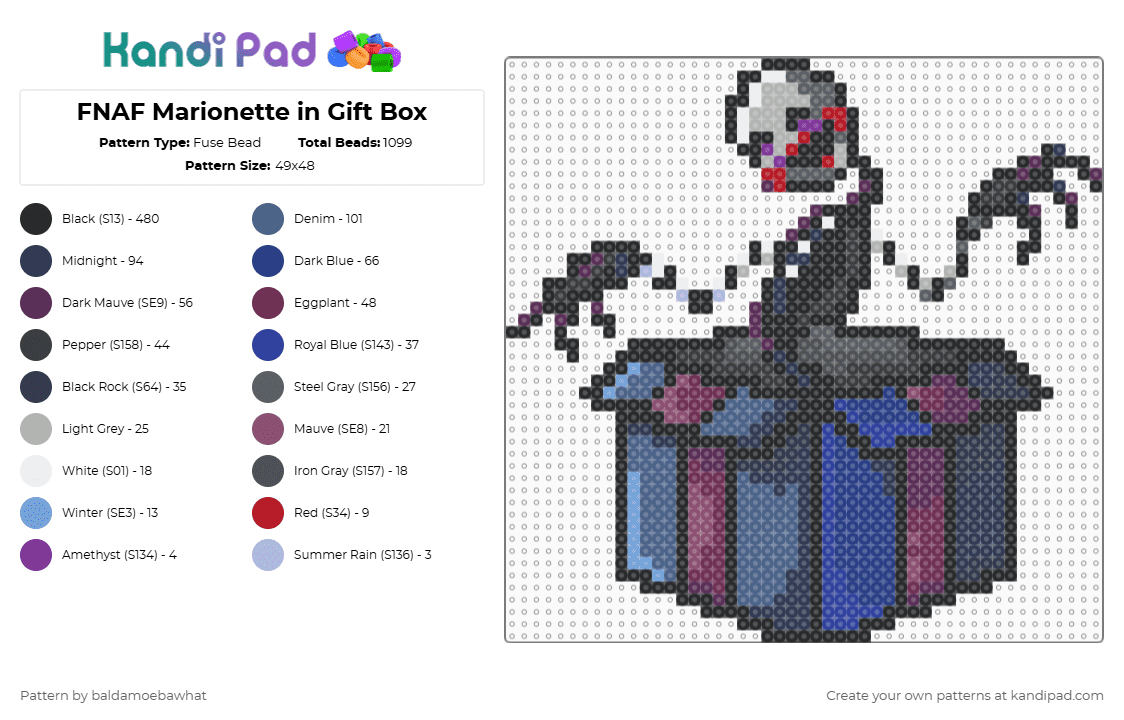 FNAF Marionette in Gift Box - Fuse Bead Pattern by baldamoebawhat on Kandi Pad - black,pink,purple,blue,cotdgifts,fnaf,gaming,video games,five nights at freddys,puppet,marionette,indie