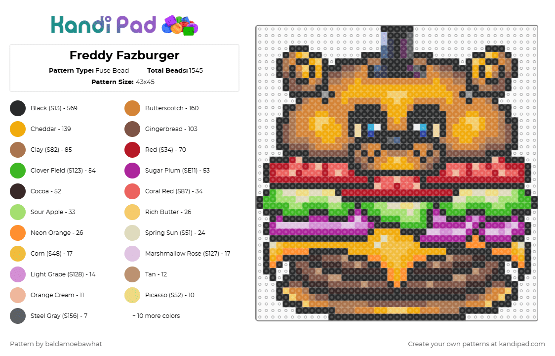 Freddy Fazburger - Fuse Bead Pattern by baldamoebawhat on Kandi Pad - black,tan,orange,red,colorful,cotdboldcolors,fnaf,freddyfazbear,burger,gaming,freddy,chica,bonnie
