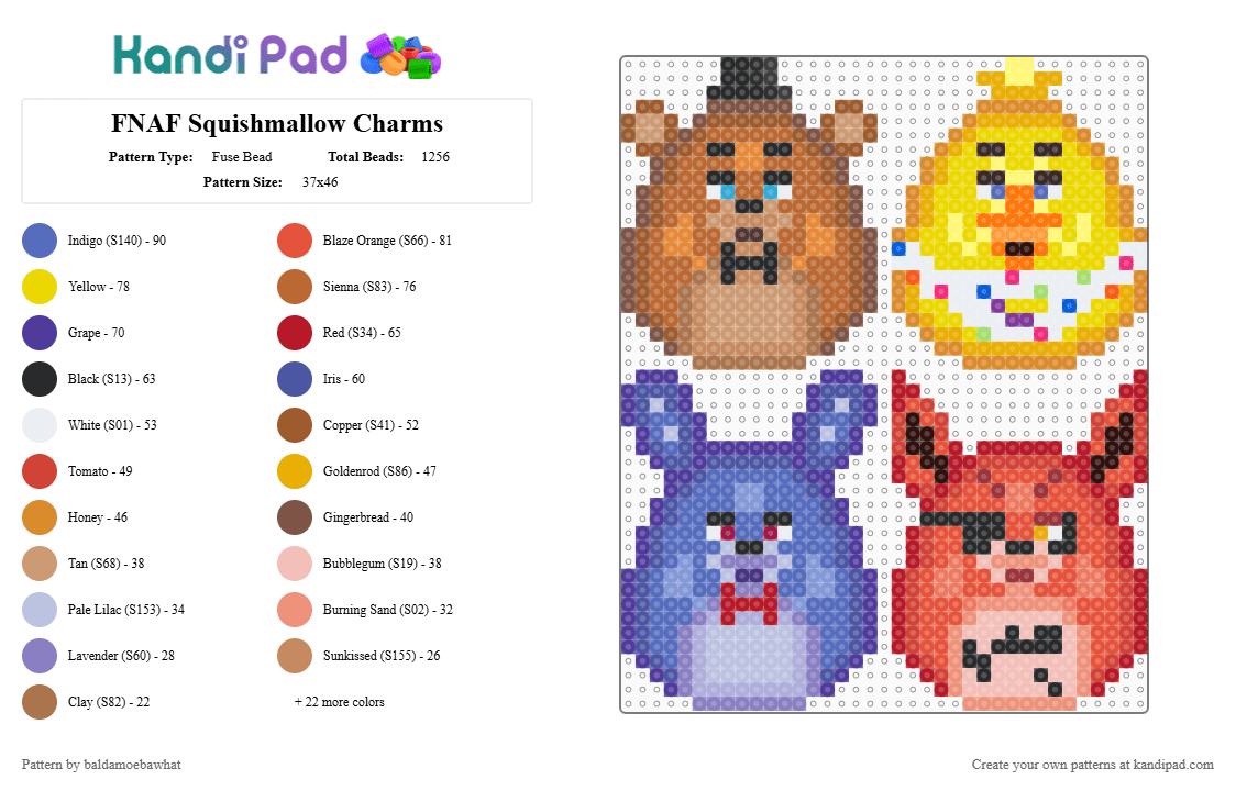 FNAF Squishmallow Charms - Fuse Bead Pattern by baldamoebawhat on Kandi Pad - pink,orange,blue,red,colorful,cotdsquishy,fnaf,squishmallow,five nights at freddys,freddy fazbear,bonnie,chica,foxy