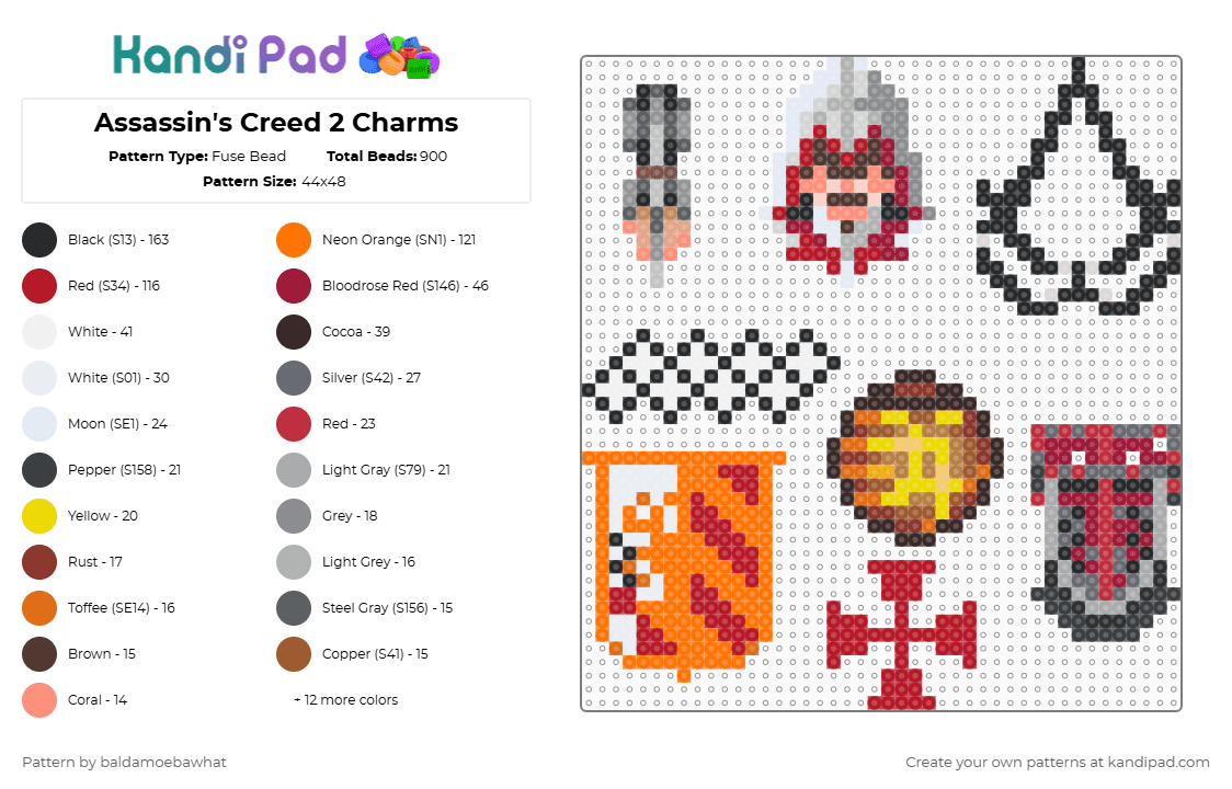 Assassin\'s Creed 2 Charms - Fuse Bead Pattern by baldamoebawhat on Kandi Pad - gray,orange,red,assasins creed,ezio,auditore,ezio auditore,assassins creed 2,gaming,video games,classic