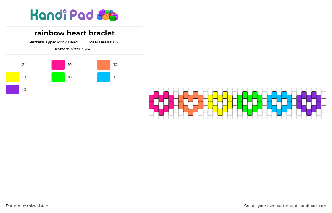 rainbow heart braclet - Pony Bead Pattern by mizukistan on Kandi Pad - hearts,rainbow,bracelet,cuff,love,diversity,pride,vibrant,joyful,multicolored