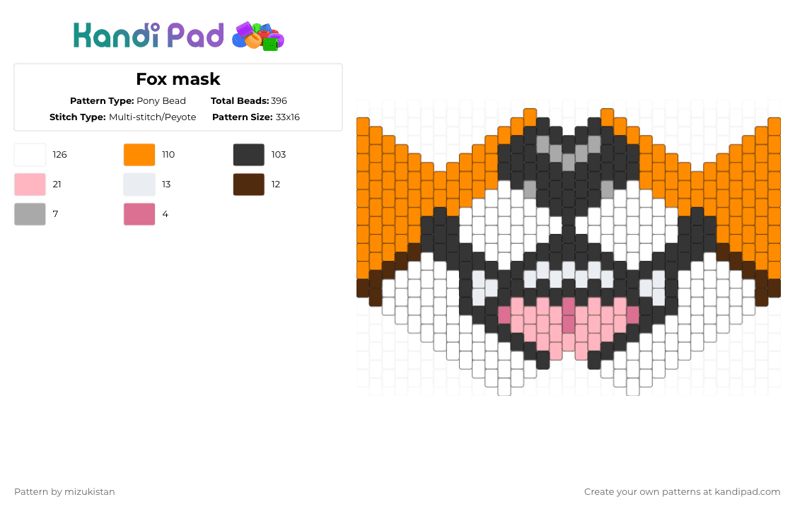 Fox mask - Pony Bead Pattern by mizukistan on Kandi Pad - fox,mask,mouth,animal,costume,white,orange