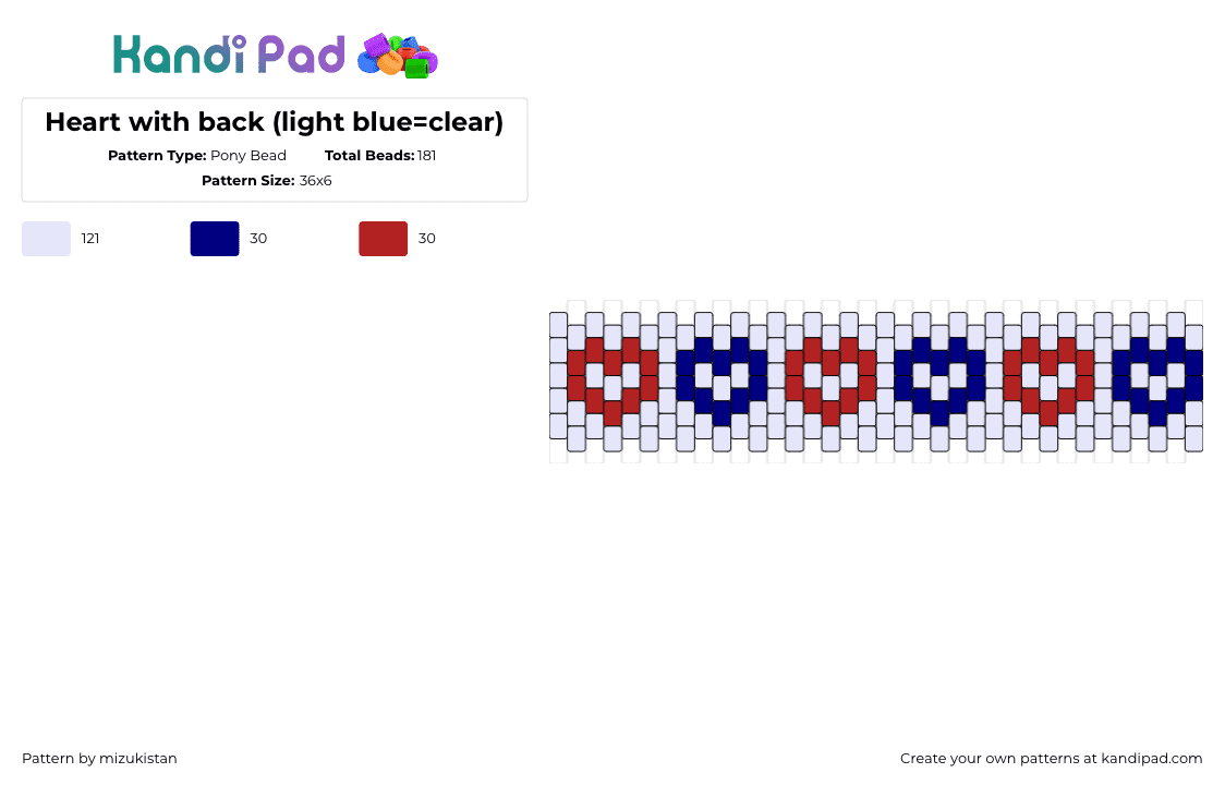 Heart with back (light blue=clear) - Pony Bead Pattern by mizukistan on Kandi Pad - hearts,repeating,cuff,love,clear,red,blue