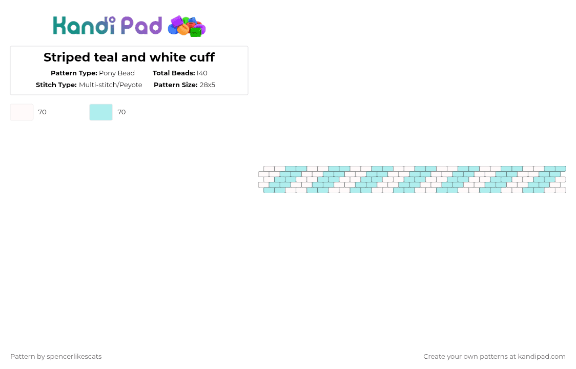 Striped teal and white cuff - Pony Bead Pattern by spencerlikescats on Kandi Pad - white,light blue
