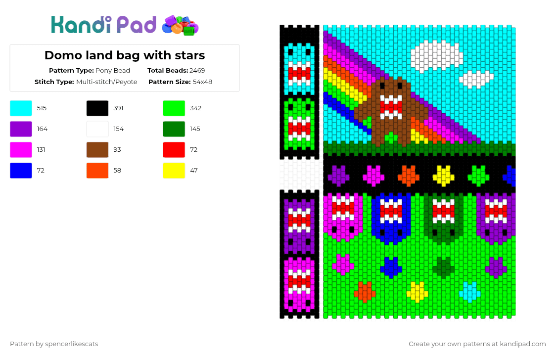 Domo land bag with stars - Pony Bead Pattern by spencerlikescats on Kandi Pad - light blue,green