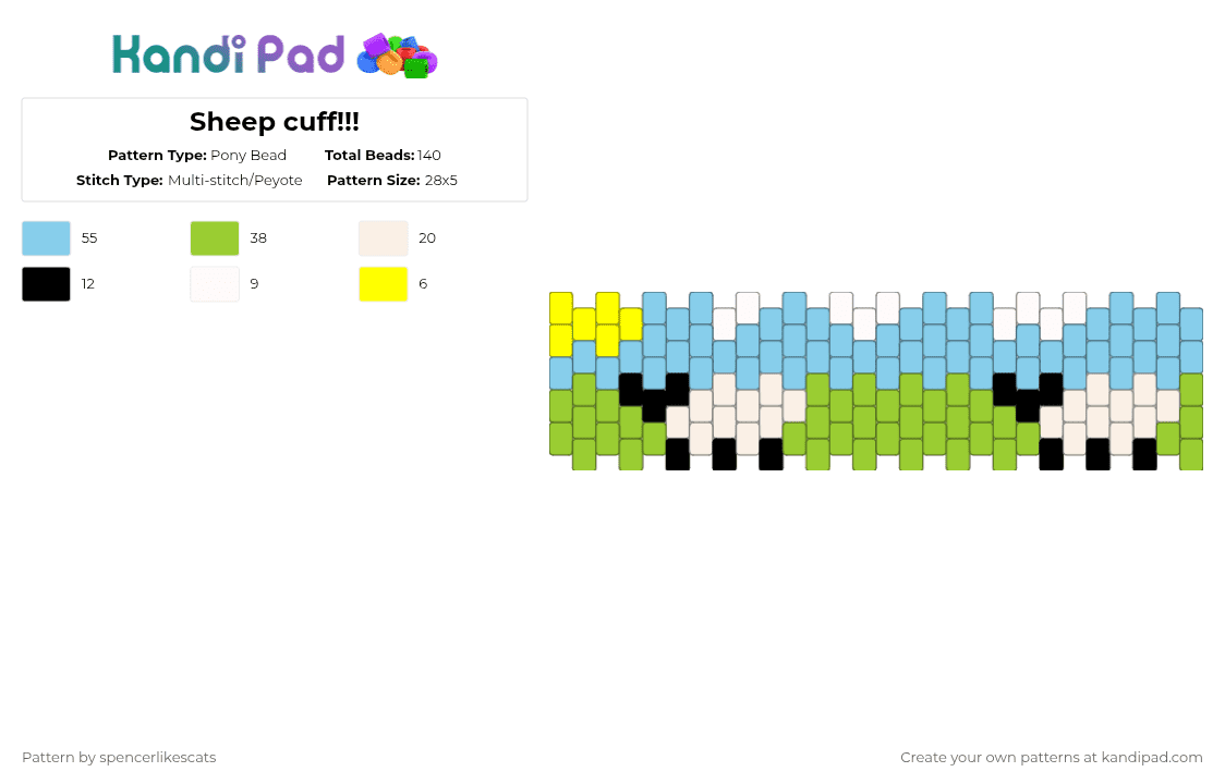 Sheep cuff!!! - Pony Bead Pattern by spencerlikescats on Kandi Pad - green,light blue,sheep,animal,cuff