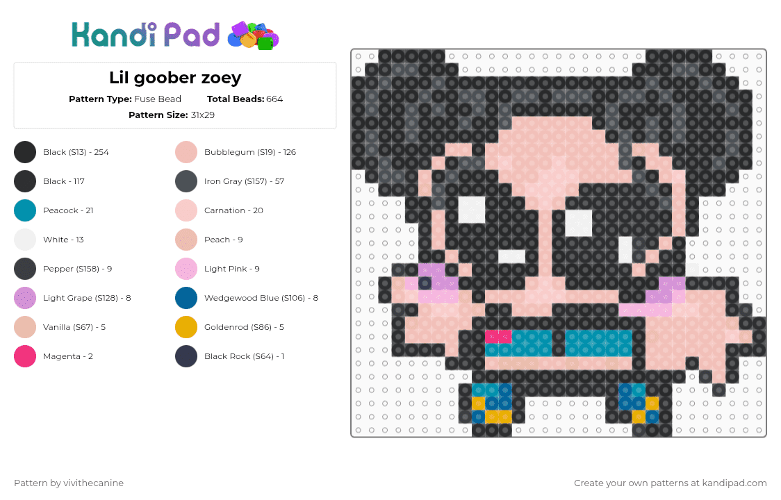 Lil goober zoey - Fuse Bead Pattern by vivithecanine on Kandi Pad - black,purple,beige,kpdh,kpopdemonhunters,music,lil goober