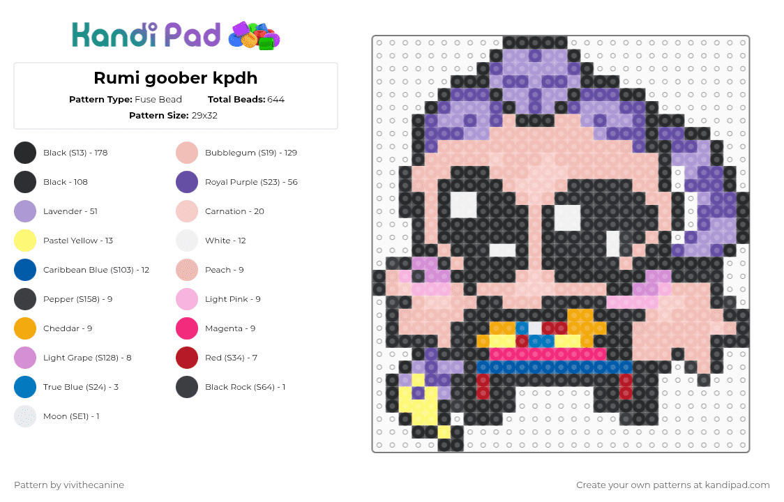 Rumi goober kpdh - Fuse Bead Pattern by vivithecanine on Kandi Pad - black,pink,purple,beige,cotdraverculture,kpop demon hunters,music,movie,kpdh