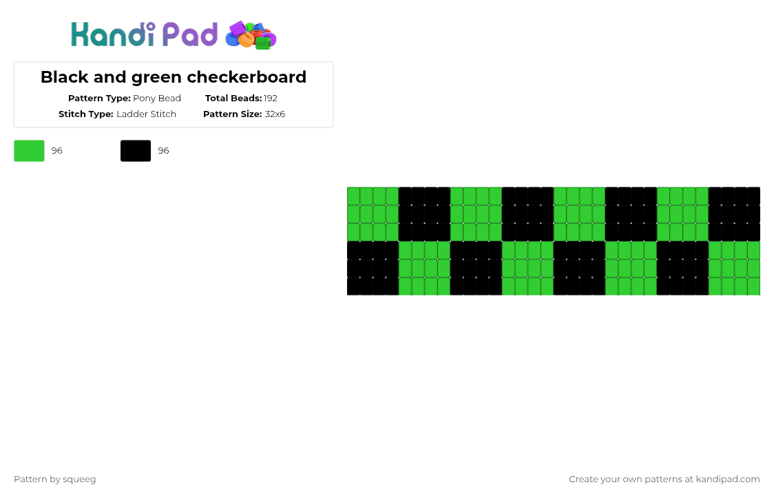 Black and green checkerboard - Pony Bead Pattern by squeeg on Kandi Pad - green,black