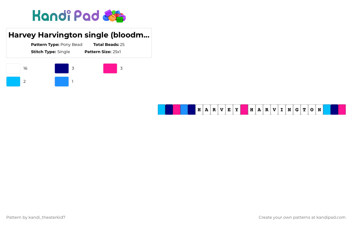 Harvey Harvington single (bloodmoney) - Pony Bead Pattern by kandi_theaterkid7 on Kandi Pad - white,light blue,purple,pink,bloodmoney,singles