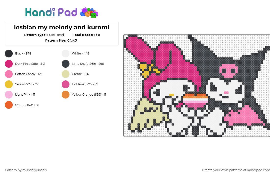 lesbian my melody and kuromi - Fuse Bead Pattern by mumblyjumbly on Kandi Pad - pink