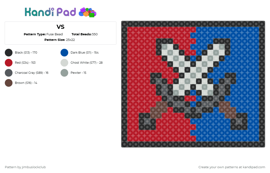 VS - Fuse Bead Pattern by jimbuslockclub on Kandi Pad - vs,versus,battle,swords,icon,fight,game,gaming,red,blue