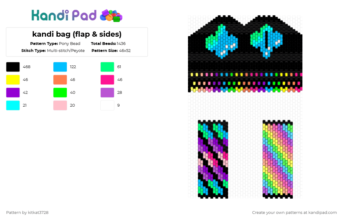 kandi bag (flap & sides) - Pony Bead Pattern by kitkat3728 on Kandi Pad - black,pink,purple,light blue