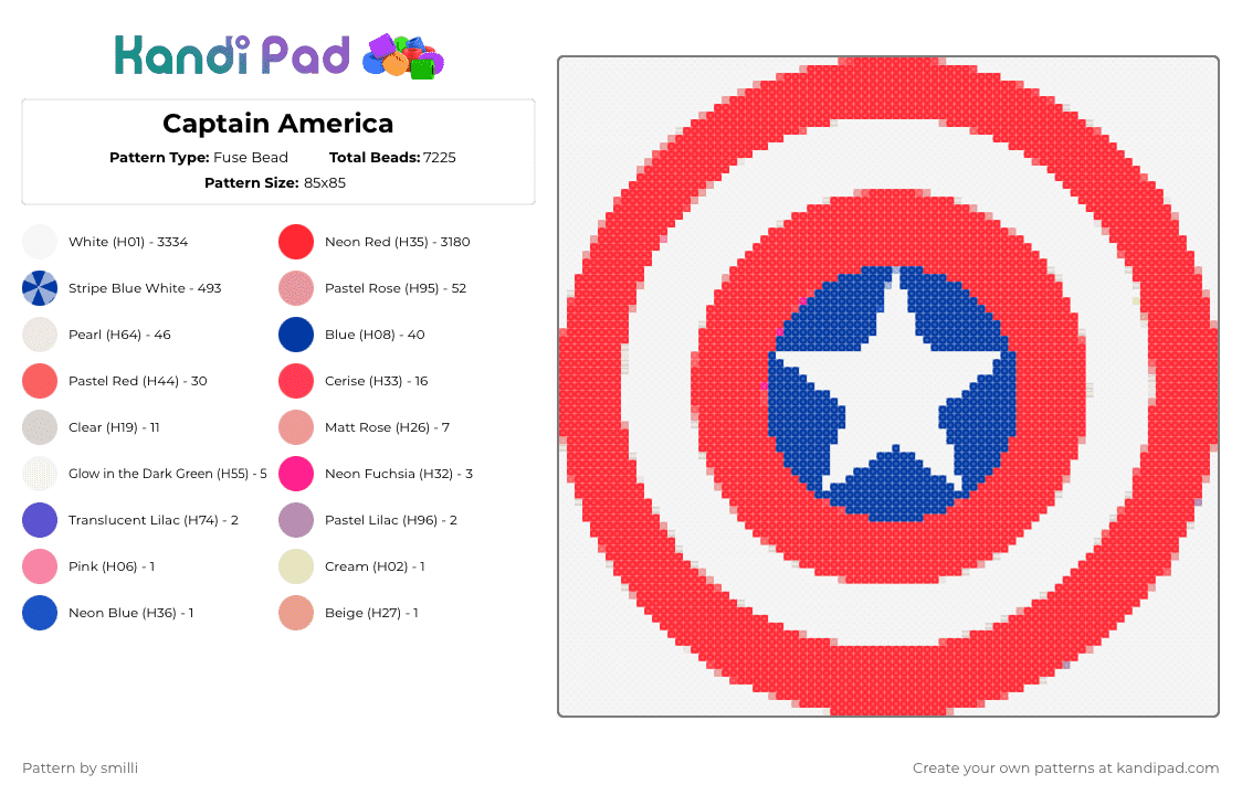 Captain America - Fuse Bead Pattern by smilli on Kandi Pad - white,red