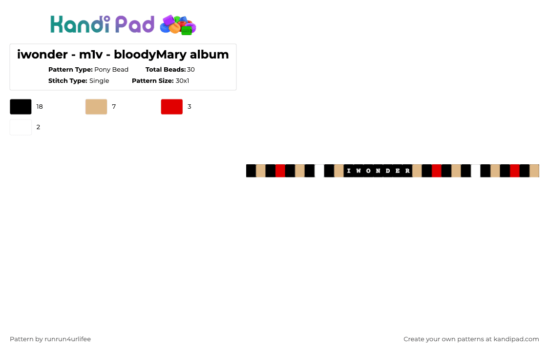 iwonder - m1v - bloodyMary - Album - Single Kandi Bracelet - Pony Bead Pattern by runrun4urlifee on Kandi Pad - black,red,beige,iwonder,bloodymary,m1v,music,made1vvvonder,meanface earl,lonegore,m0v