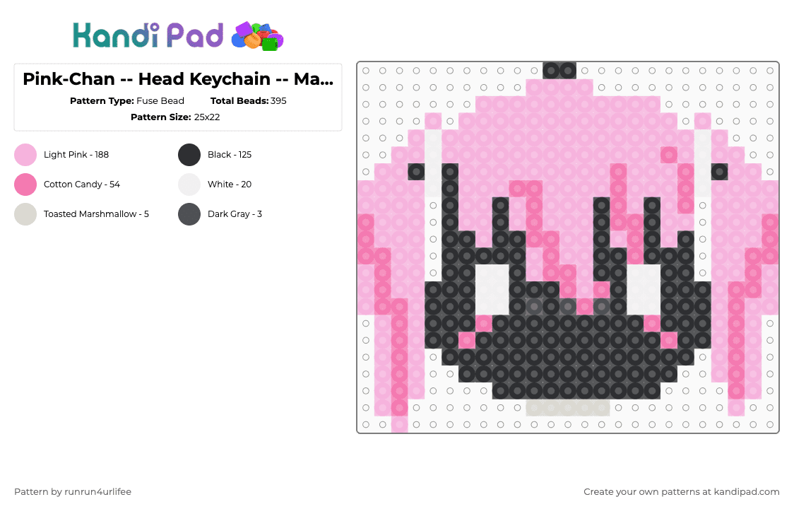 Pink-Chan -- Head Keychain -- Magical Girl --  Mahou Shoujo Magical Destoyers - Fuse Bead Pattern by runrun4urlifee on Kandi Pad - pink,mahou shoujo,magical destoyers,jun inagawa,god save the otaku,anime,magical mad,pink chan