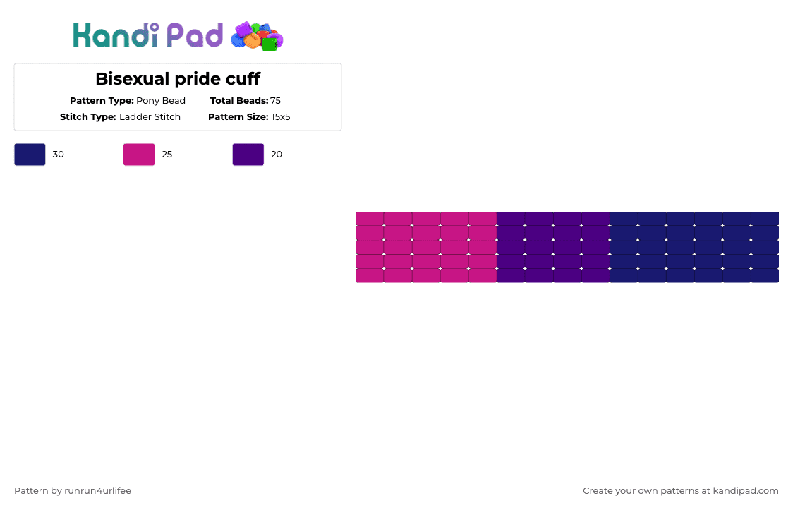 Bisexual pride Ladder Stitch cuff - Pony Bead Pattern by runrun4urlifee on Kandi Pad - purple,pink,bi,bisexual,cuff,lgbtqia,lgbt,pride,ladder stitch