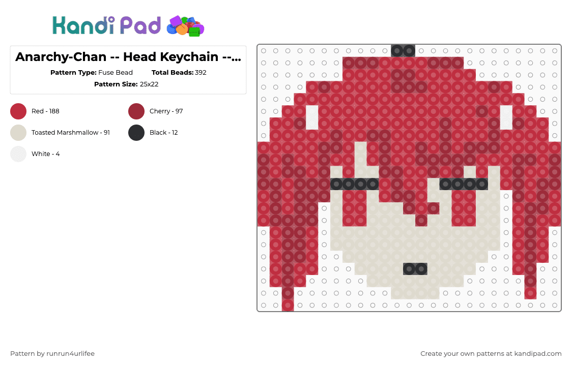 Anarchy-Chan -- Head Keychain -- Magical Girl --  Mahou Shoujo Magical Destoyers - Fuse Bead Pattern by runrun4urlifee on Kandi Pad - red,mahou shoujo,anarchy,anarchy chan,magical destoyers,anime,jun inagawa,magical mad,god save the otaku