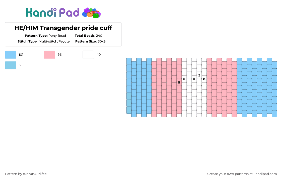 HE/HIM Transgender pride cuff - Pony Bead Pattern by runrun4urlifee on Kandi Pad - pink,light blue,he him,he,him,trans,transgender,pride,lgbt,lgbtqia