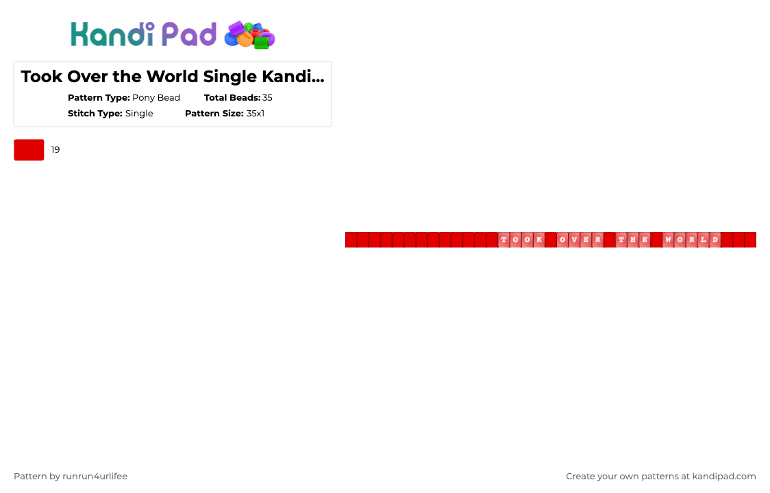 Took Over the World Single Kandi Bracelet - Pony Bead Pattern by runrun4urlifee on Kandi Pad - red,asteriasdeath,as,anarchist sanctuary,kets4eki,an4rch,took over the world,asteria,music