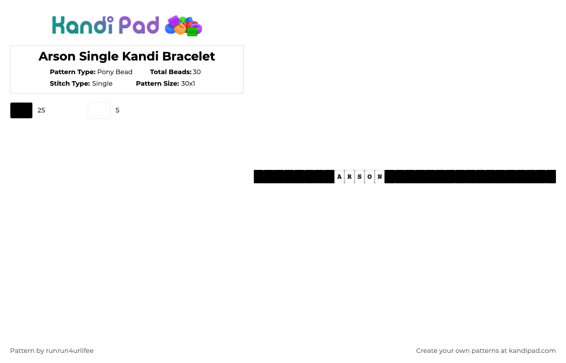 Arson Single Kandi Bracelet - Pony Bead Pattern by runrun4urlifee on Kandi Pad - black,white,arson,single,kandi,bracelet
