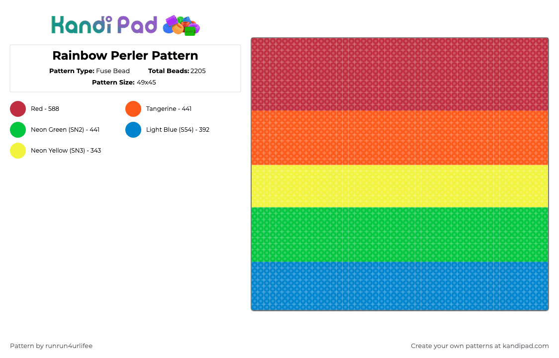 Rainbow Perler Pattern - Fuse Bead Pattern by runrun4urlifee on Kandi Pad - red,orange,green,yellow,blue,rainbow,perler,pattern