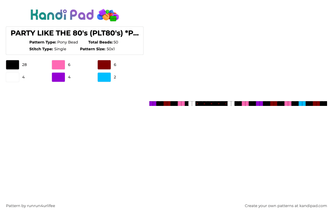 Single kandi bracelet  PARTY LIKE THE 80\'s (PLT80\'s) *PARTY - MATCHING 1* - Pony Bead Pattern by runrun4urlifee on Kandi Pad - black,pink,brown,asteria,asteriasdeath,kets4eki,plt80s,6arelyhuman,party like the 80s,anarchist sanctuary,sassy scene