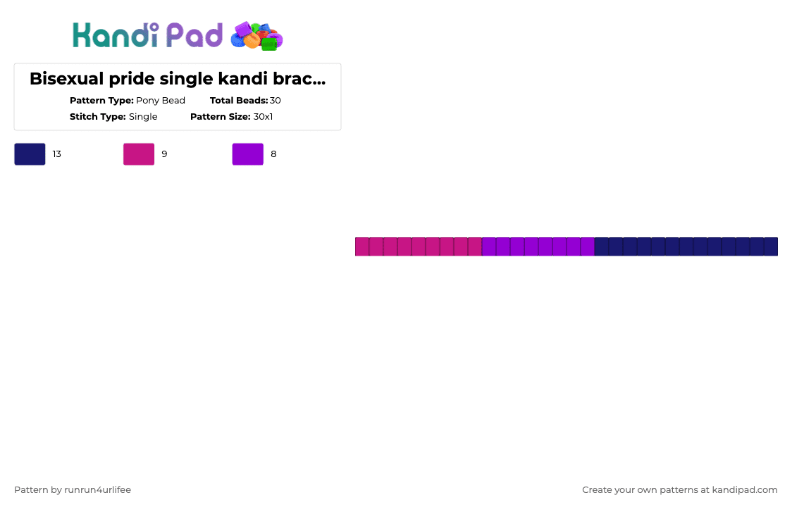 Bisexual pride single kandi bracelet - Pony Bead Pattern by runrun4urlifee on Kandi Pad - purple,pink,bi,bisexual,single,kandi,bracelet,pride,lgbtqia,lgbtq