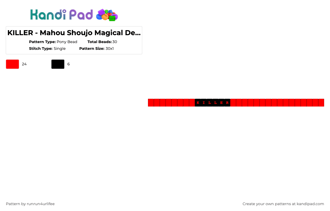 KILLER - Mahou Shoujo Magical Destroyers Inspired Single Kandi Bracelet - Pony Bead Pattern by runrun4urlifee on Kandi Pad - red,mahou shoujo magical destroyer,magical mad,jun inagawa,anime,mahou shoujo,magical destoyers,god save the otaku,killer