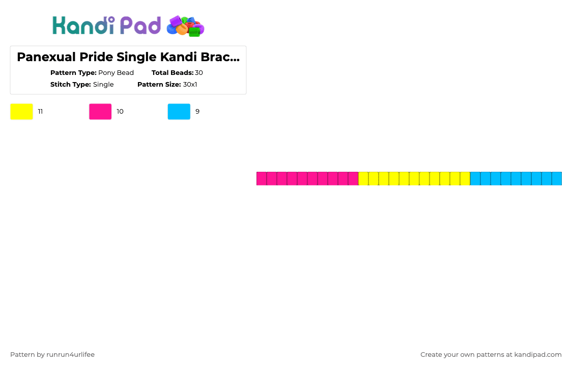 Panexual Pride Single Kandi Bracelet - Pony Bead Pattern by runrun4urlifee on Kandi Pad - pink,yellow,pan,pansexual,single,kandi,bracelet,pride,lgbtq,lgbtqia