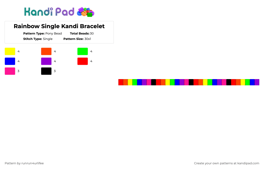 Rainbow Single Kandi Bracelet - Pony Bead Pattern by runrun4urlifee on Kandi Pad - red,purple,rainbow,bracelet,kandi,single