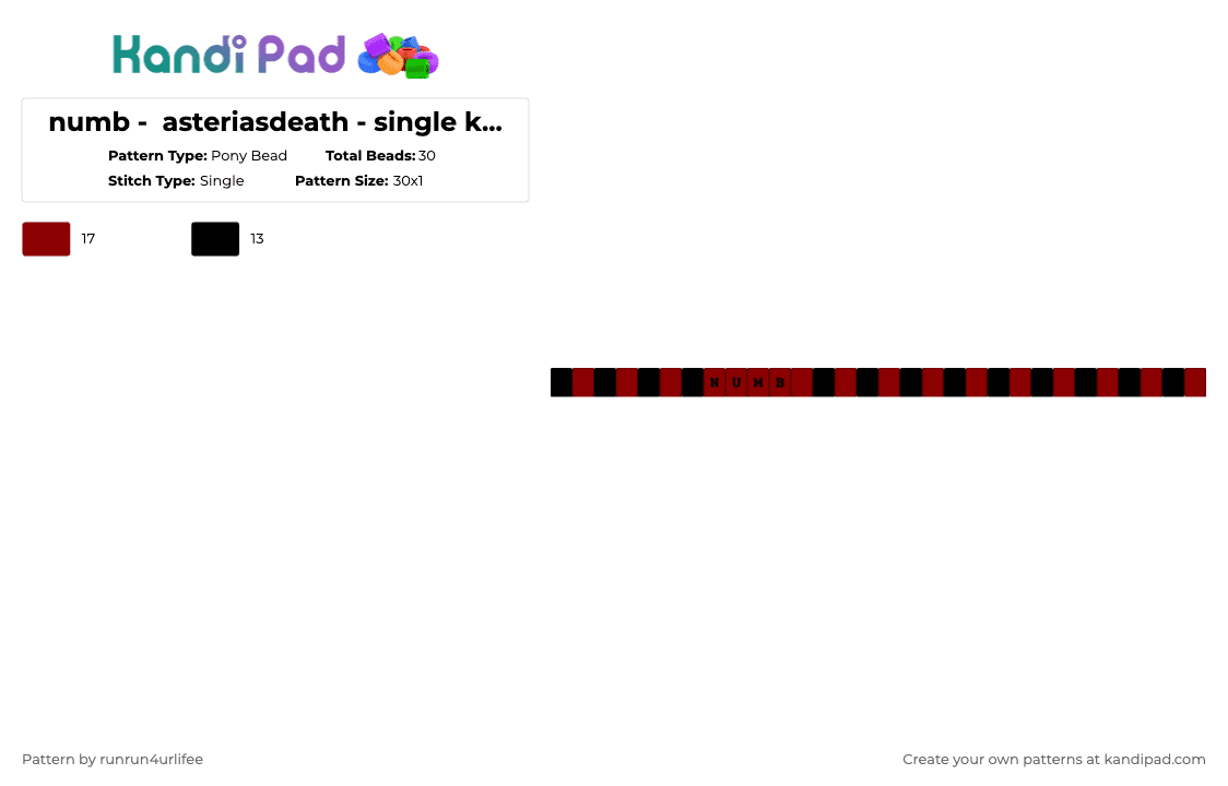 numb -  asteriasdeath - single kandi bracelet - Pony Bead Pattern by runrun4urlifee on Kandi Pad - black,red,asteriasdeath,as,anarchist sanctuary,asteria,kets4eki,anarchy,numb,anarch