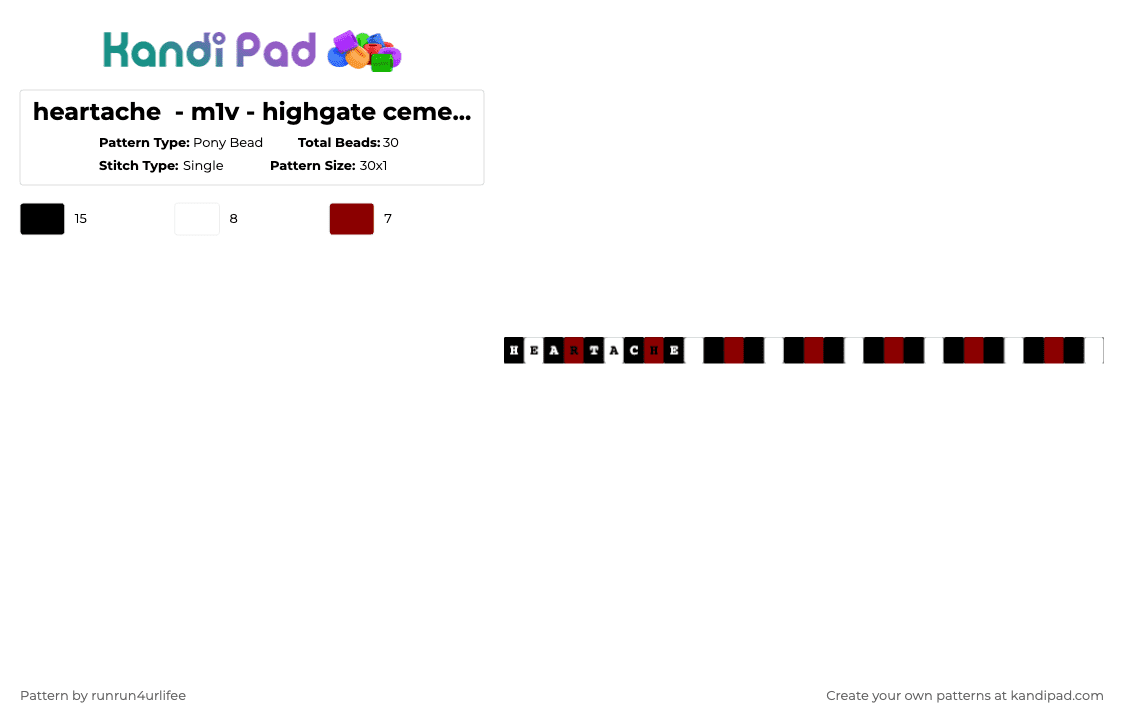 heartache - m1v - highgate cemetery - Album - Single Kandi Bracelet - Pony Bead Pattern by runrun4urlifee on Kandi Pad - white,red,heartache,m1v,lonegore,made1vvvonder,song album,song,highgate cemetery,music