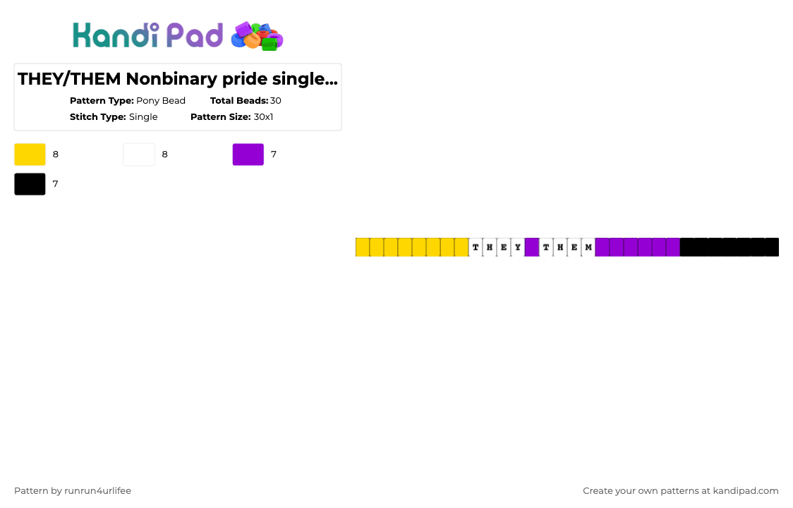 THEY/THEM Nonbinary / Emby pride single kandi bracelet - Pony Bead Pattern by runrun4urlifee on Kandi Pad - yellow,purple,nonbinary,they,them,pride,lgbtq,lgbtqia,enby