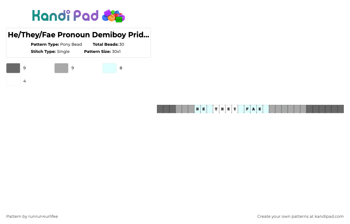 He/They/Fae Pronoun Demiboy Pride Single Kandi Bracelet - Pony Bead Pattern by runrun4urlifee on Kandi Pad - gray,beige,he they fae,pronoun,demi boy,demiboy,pride,lgbt,lgbtq,lgbtqia
