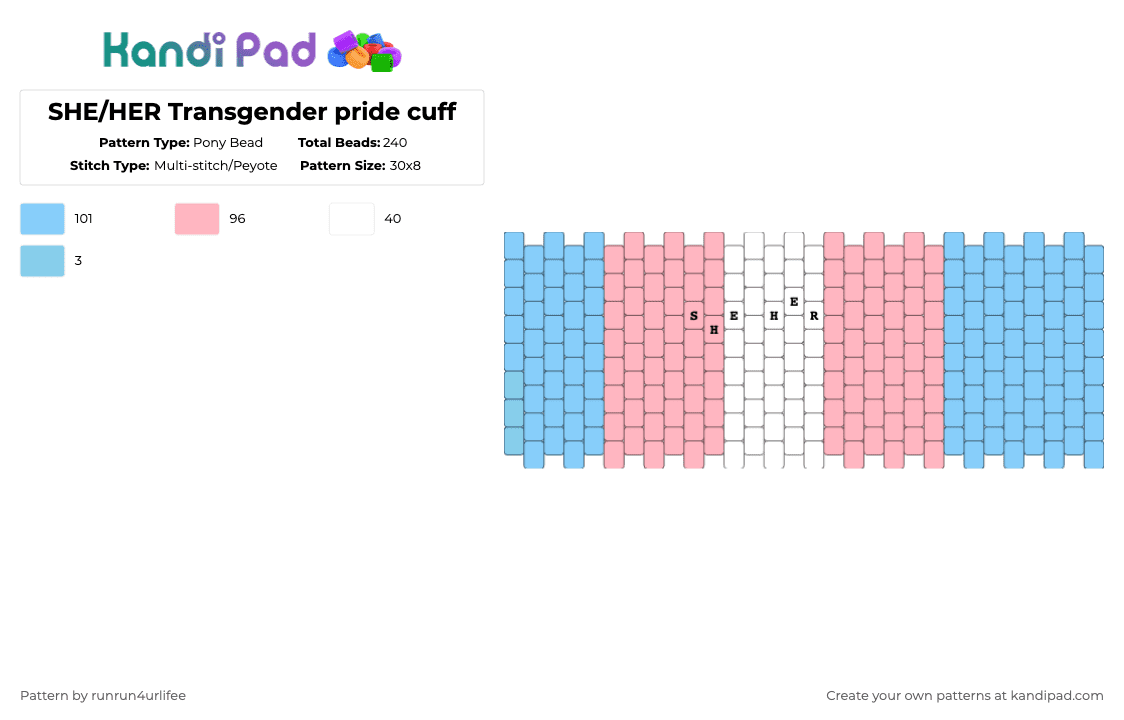 SHE/HER Transgender pride cuff - Pony Bead Pattern by runrun4urlifee on Kandi Pad - pink,light blue,she her,she,her,trans,transgender,cuff,lgbt,lgbtqia