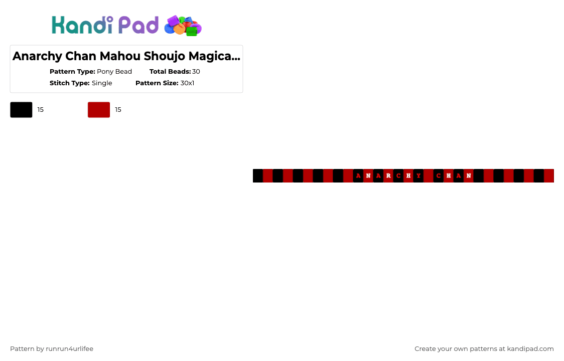 Anarchy Chan Mahou Shoujo Magical Destoyers Single Kandi Bracelet - Pony Bead Pattern by runrun4urlifee on Kandi Pad - black,red,magical mad,anarchy,anarchy chan,jun inagawa,mahou shoujo,magical destoyers,god save the otaku,anime