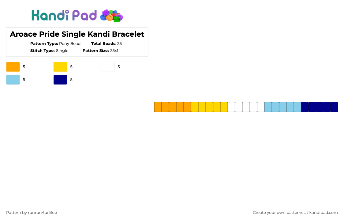 Aroace Pride Single Kandi Bracelet - Pony Bead Pattern by runrun4urlifee on Kandi Pad - orange,yellow,light blue,purple,aroace,pride,lgbt,lgbtq,lgbtqia,single,kandi