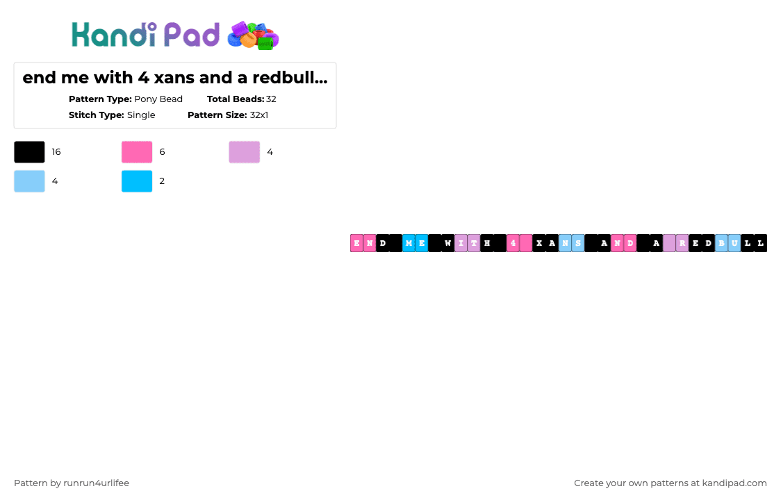 end me with 4 xans and a redbull - m1v - m1v -  Album Single Kandi Bracelet - Pony Bead Pattern by runrun4urlifee on Kandi Pad - pink,light blue,endmewith4xansandaredbull,m1v,made1vvvonder,lonegore,song album,song,single,kandi