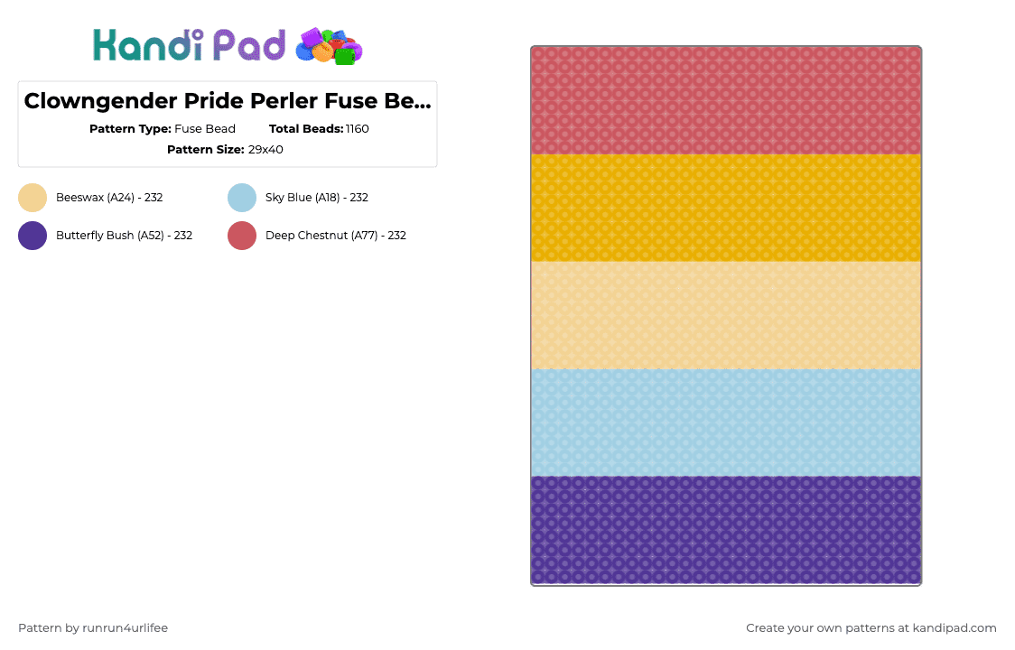 Clowngender Pride Perler Fuse Bead Flag - Fuse Bead Pattern by runrun4urlifee on Kandi Pad - orange,purple,colorful,clown,clowngender,gender,pride,lgbt,lgbtq,lgbtqia,flag
