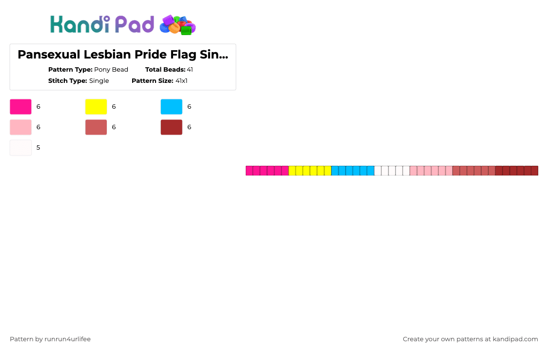 Pansexual Lesbian Pride Flag Single Kandi Bracelet - Pony Bead Pattern by runrun4urlifee on Kandi Pad - pink,red,pansexual lesbian,pansexual,lesbian,pride,lgbtq,lgbtqia,lgbt,flag
