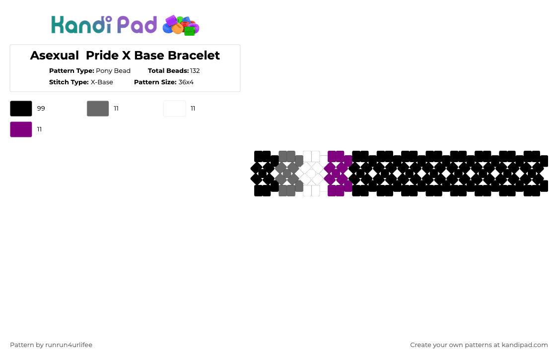 Asexual  Pride X Base Bracelet - Pony Bead Pattern by runrun4urlifee on Kandi Pad - black,gray,pink,asexual,pride,lgbt,lgbtq,lgbtqia,x base