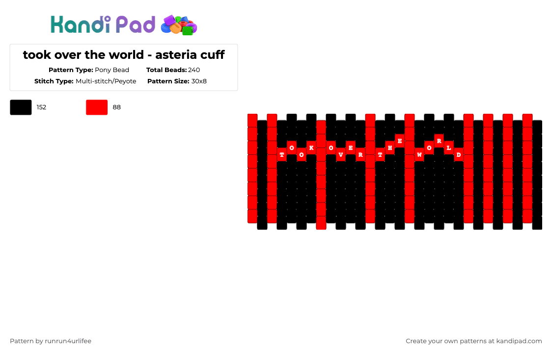 took over the world - asteria cuff - Pony Bead Pattern by runrun4urlifee on Kandi Pad - red,black,asteriasdeath,as,anarchy,asteria,anarchist sanctuary,kets4eki,took over the world,anarch